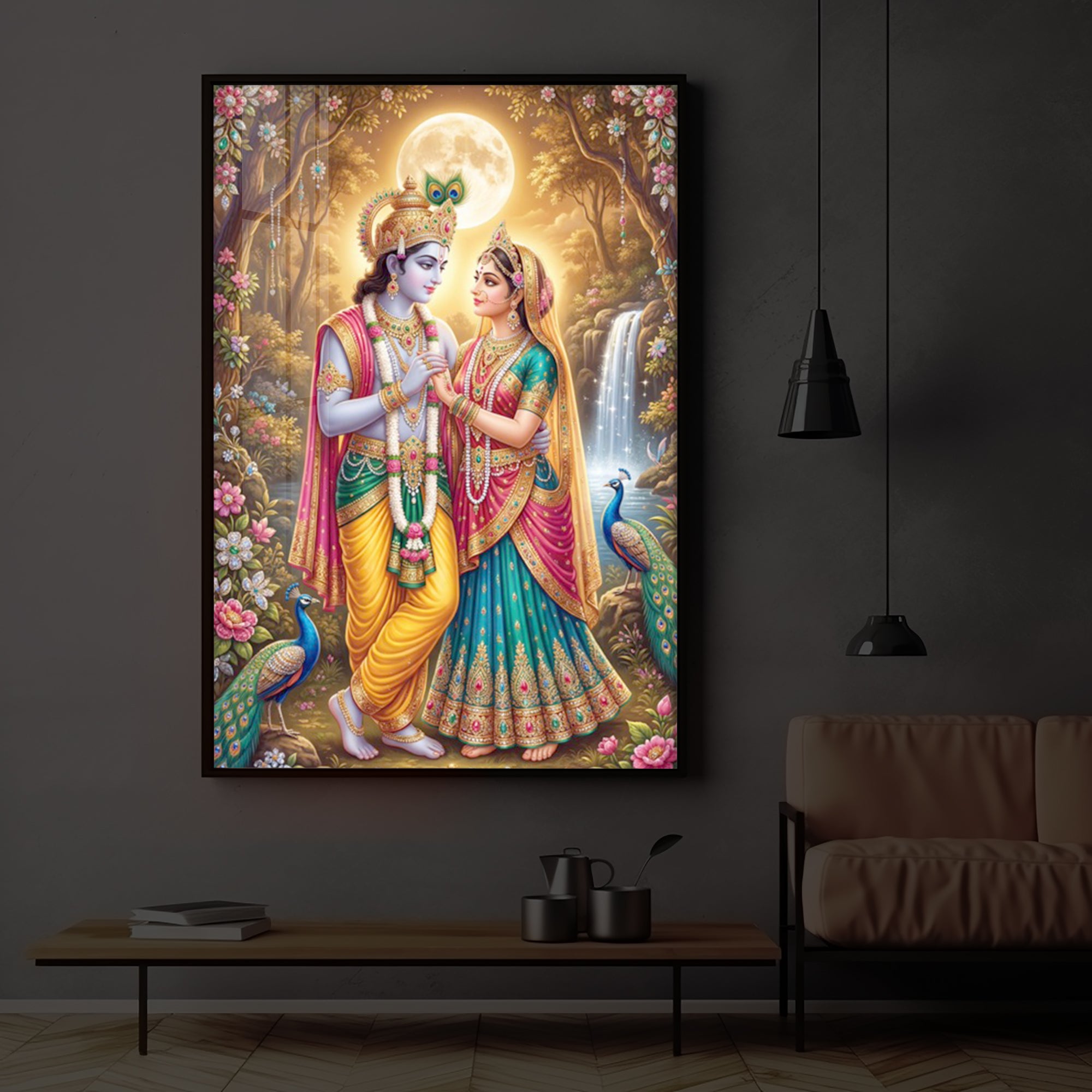Radha Krishna in Vrindavan Garden Modern Luxury Backlight Vertical Wall Art