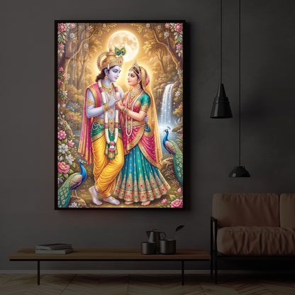 Radha Krishna in Vrindavan Garden Modern Luxury Backlight Vertical Wall Art