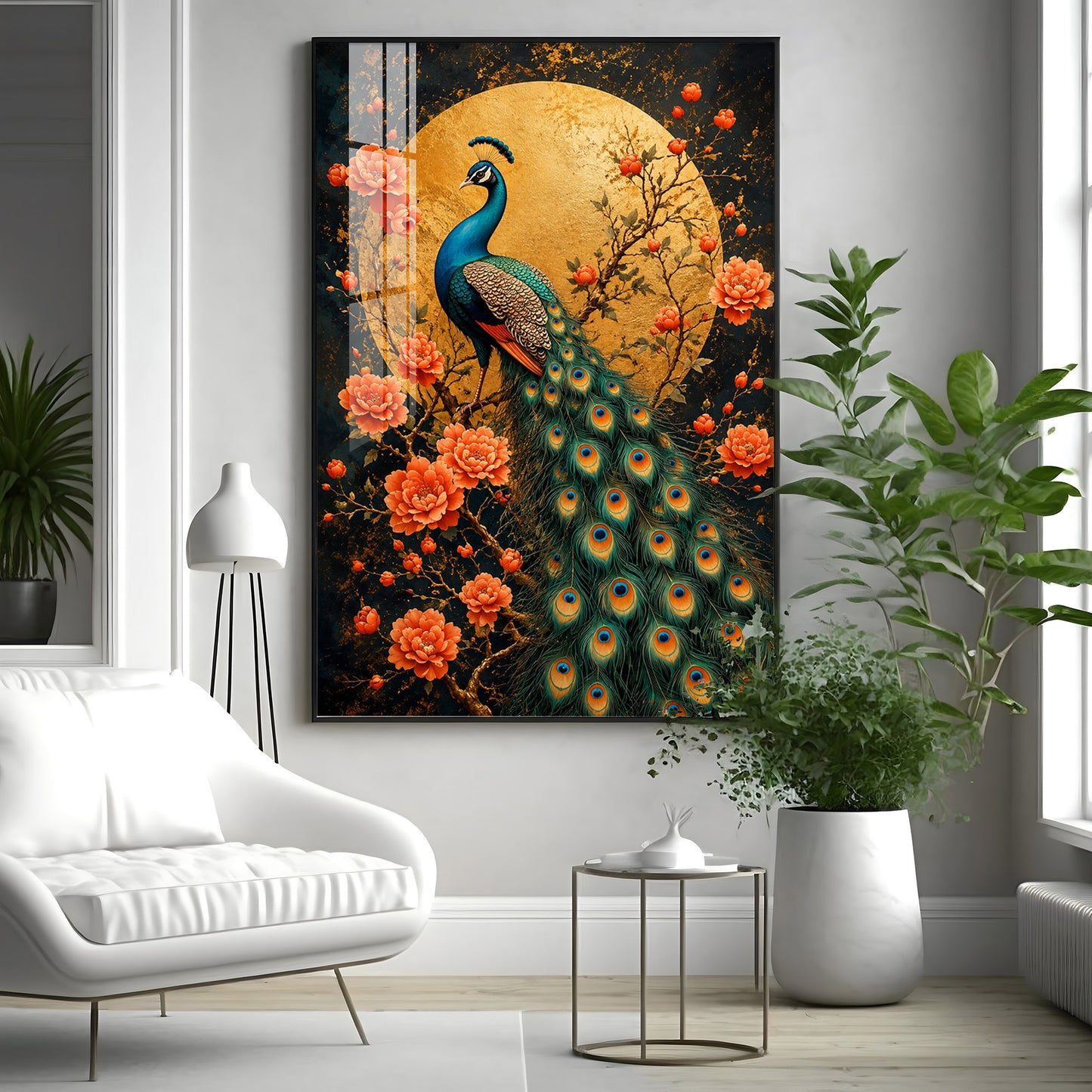 Golden Moon Peacock Premium Acrylic Vertical Wall Art