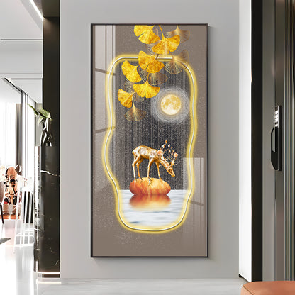 Golden Deer & Gingko Premium Acrylic Vertical Wall Art