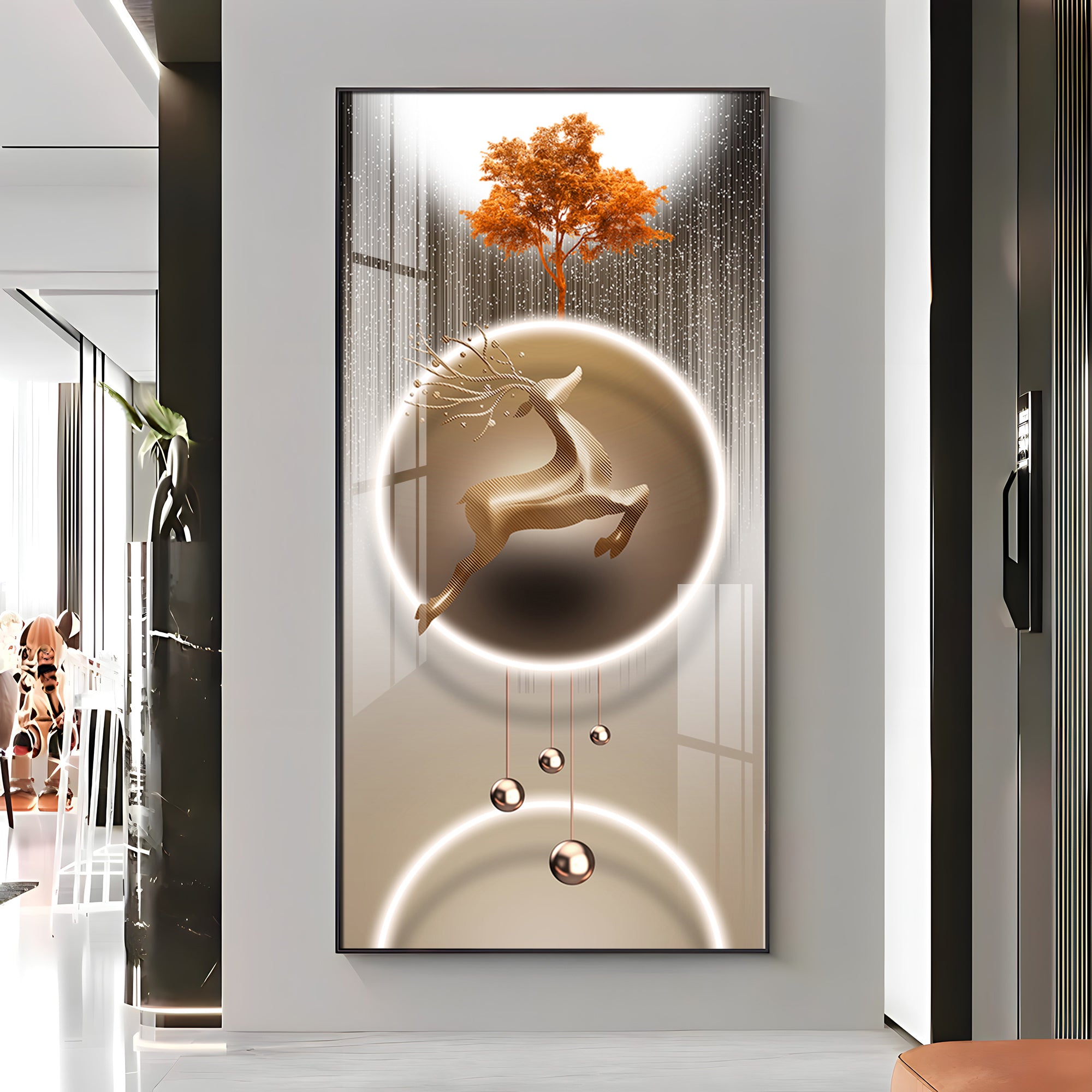 Golden Deer With Orange Tree Premium Acrylic Vertical Wall Art