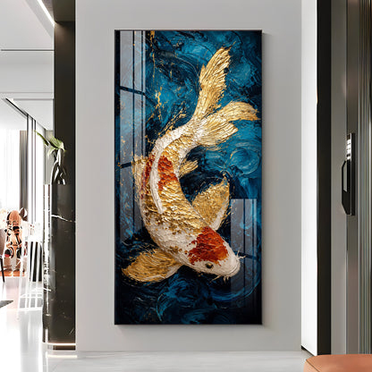 Majestic Golden & Red Koi Fish Deep Blue Background Premium Acrylic Vertical Wall Art