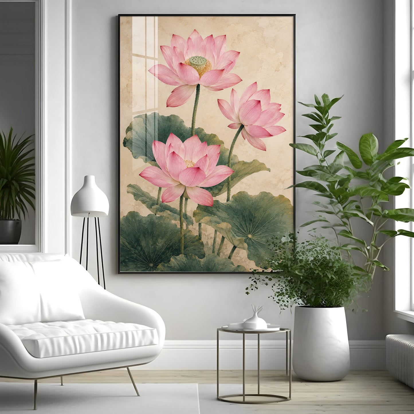 Elegant Vintage Botanical Pink Lotus Premium Acrylic Vertical Wall Art