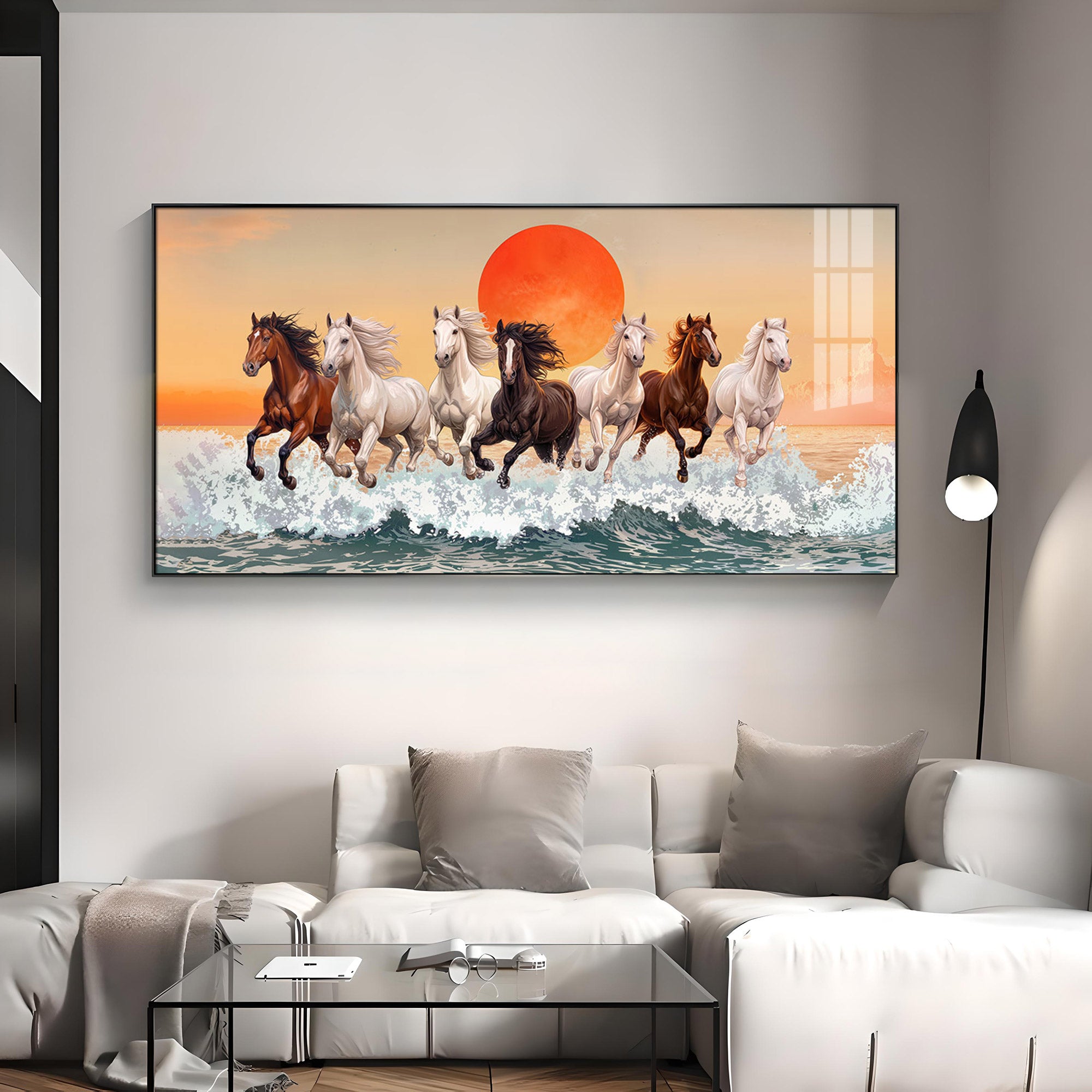Seven Horses Glloping Across Ocean Premium Acrylic Horizontal Wall Art