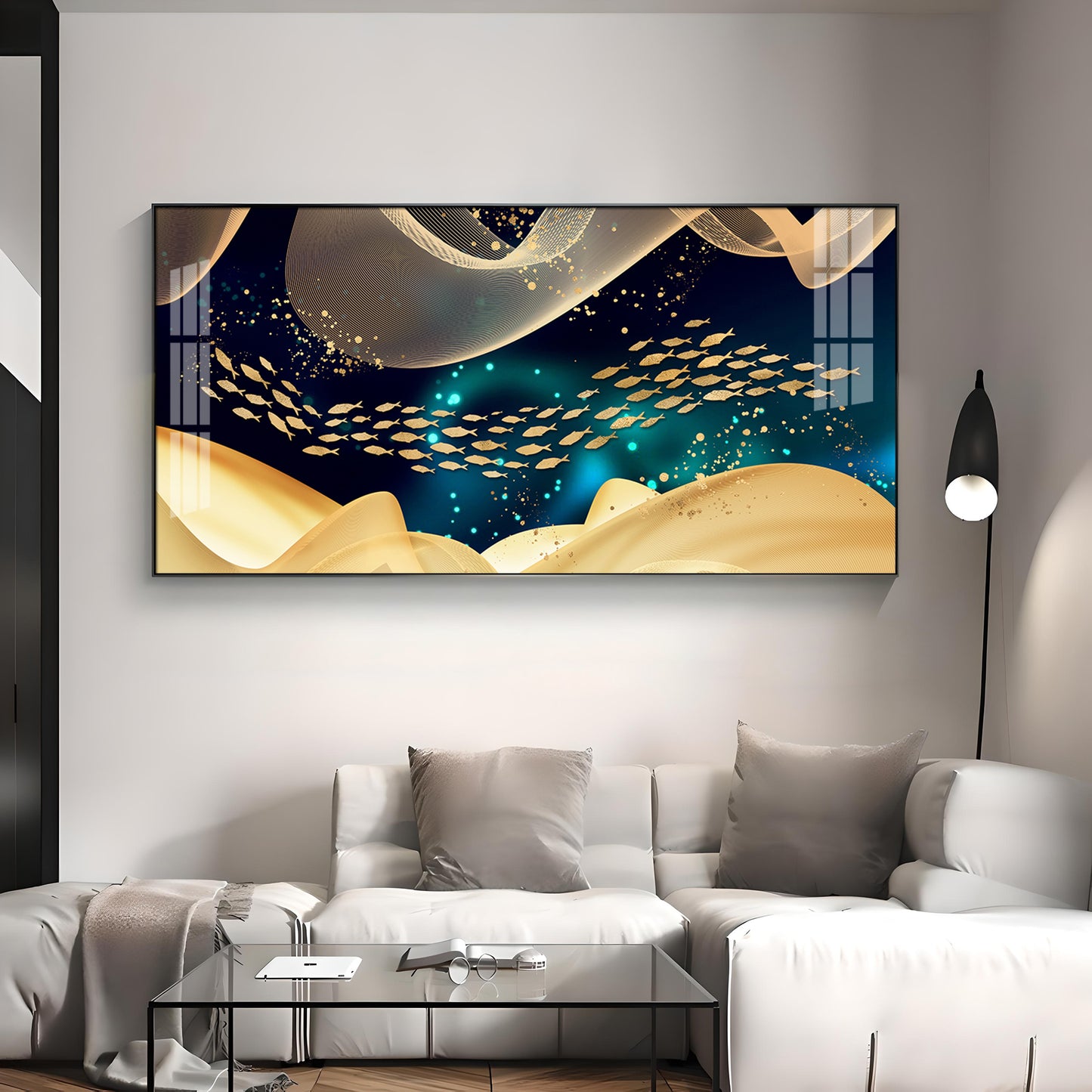 Golden Fish In Dark Blue Underwater Premium Acrylic Horizontal Wall Art