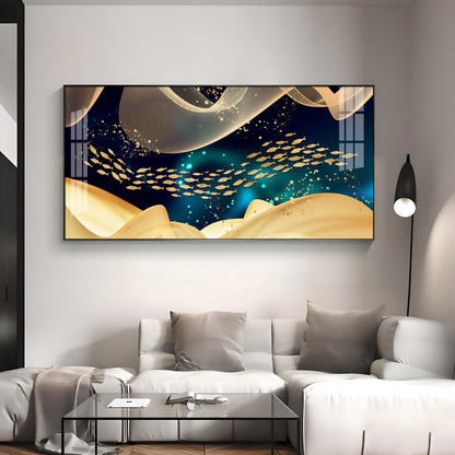 Golden Fish In Dark Blue Underwater Premium Acrylic Horizontal Wall Art