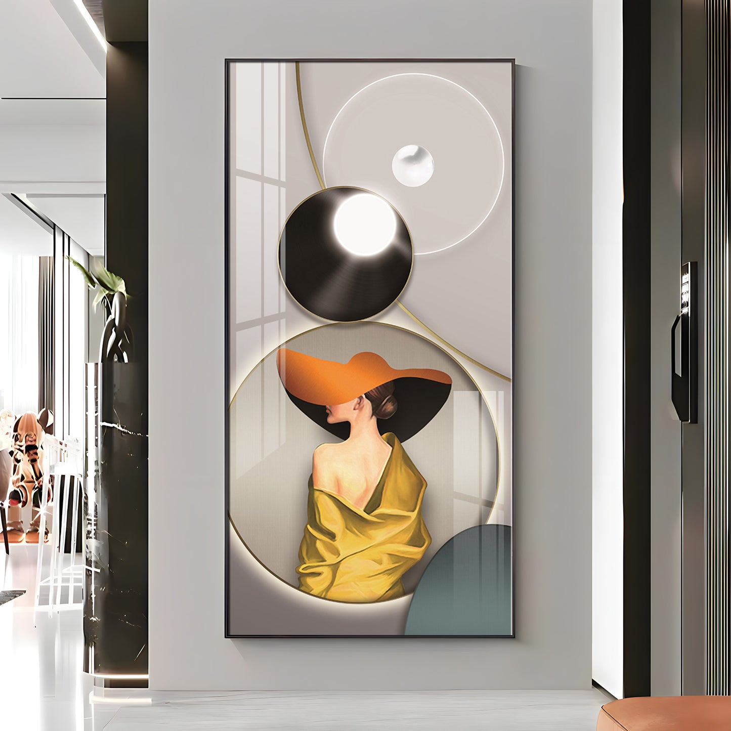 Modern Girl With Orange Hat Premium Acrylic Vertical Wall Art