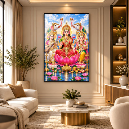 Maa Lakshmi, Saraswati & Ganesha Premium Acrylic Vertical Wall Art