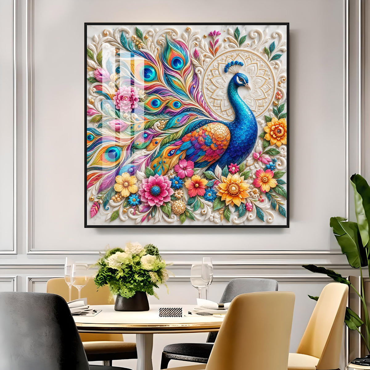 Vibrant Peacock Floral Premium Acrylic Square Wall Art