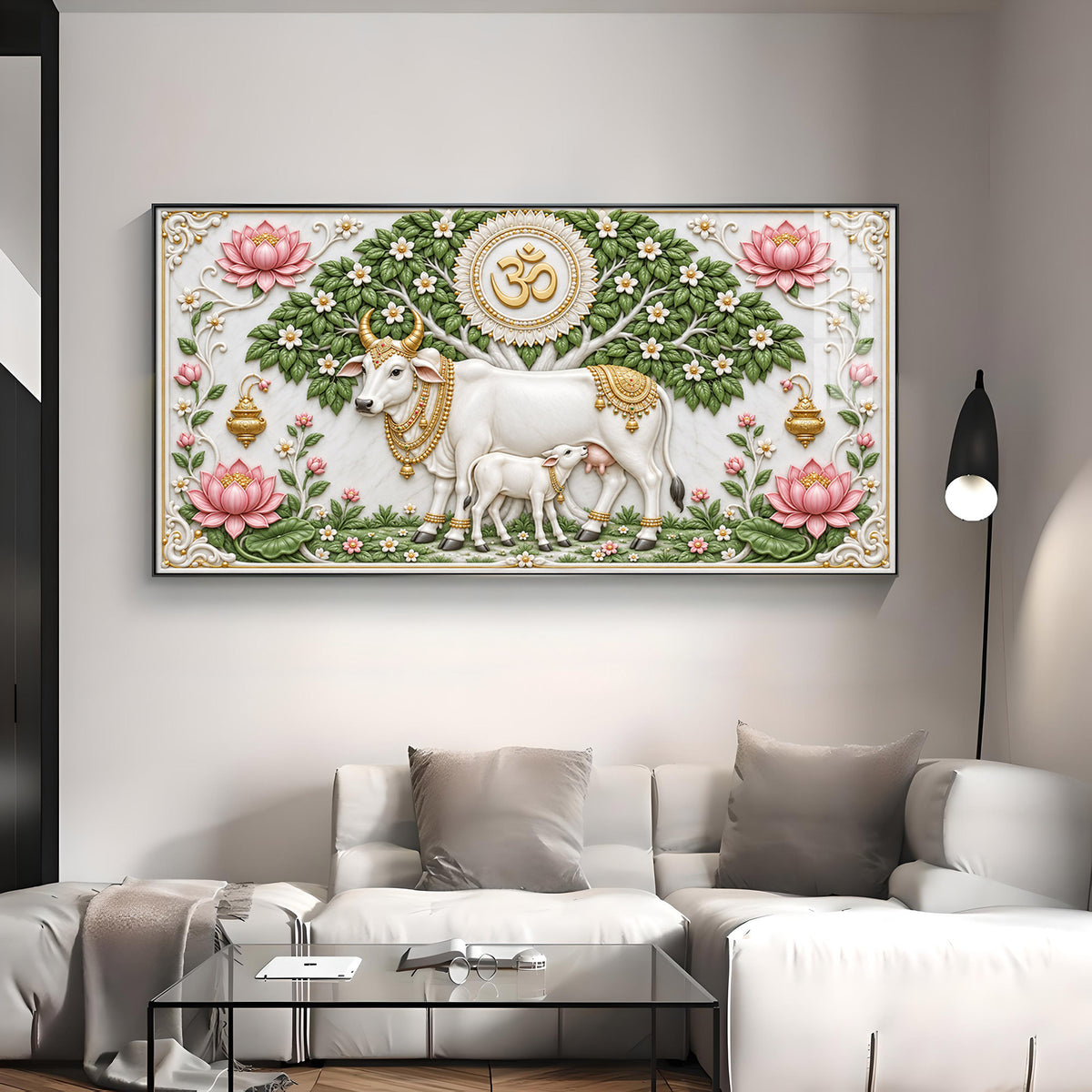 Sacred Kamdhenu Cow Calf Premium Acrylic Horizontal Wall Art