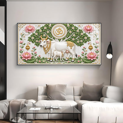 Sacred Kamdhenu Cow Calf Premium Acrylic Horizontal Wall Art