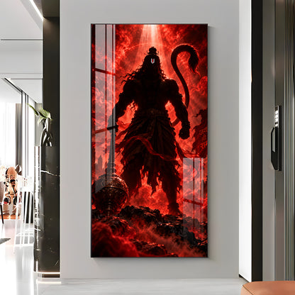Hanuman Silhouette in Red Glow Premium Acrylic Vertical Wall Art