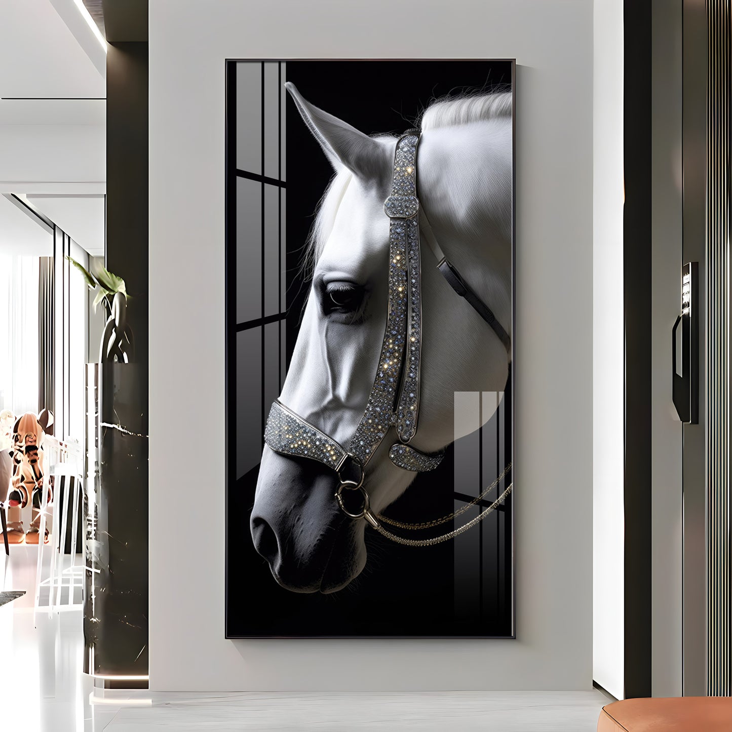 White Horse With Black Background Premium Acrylic Vertical Wall Art