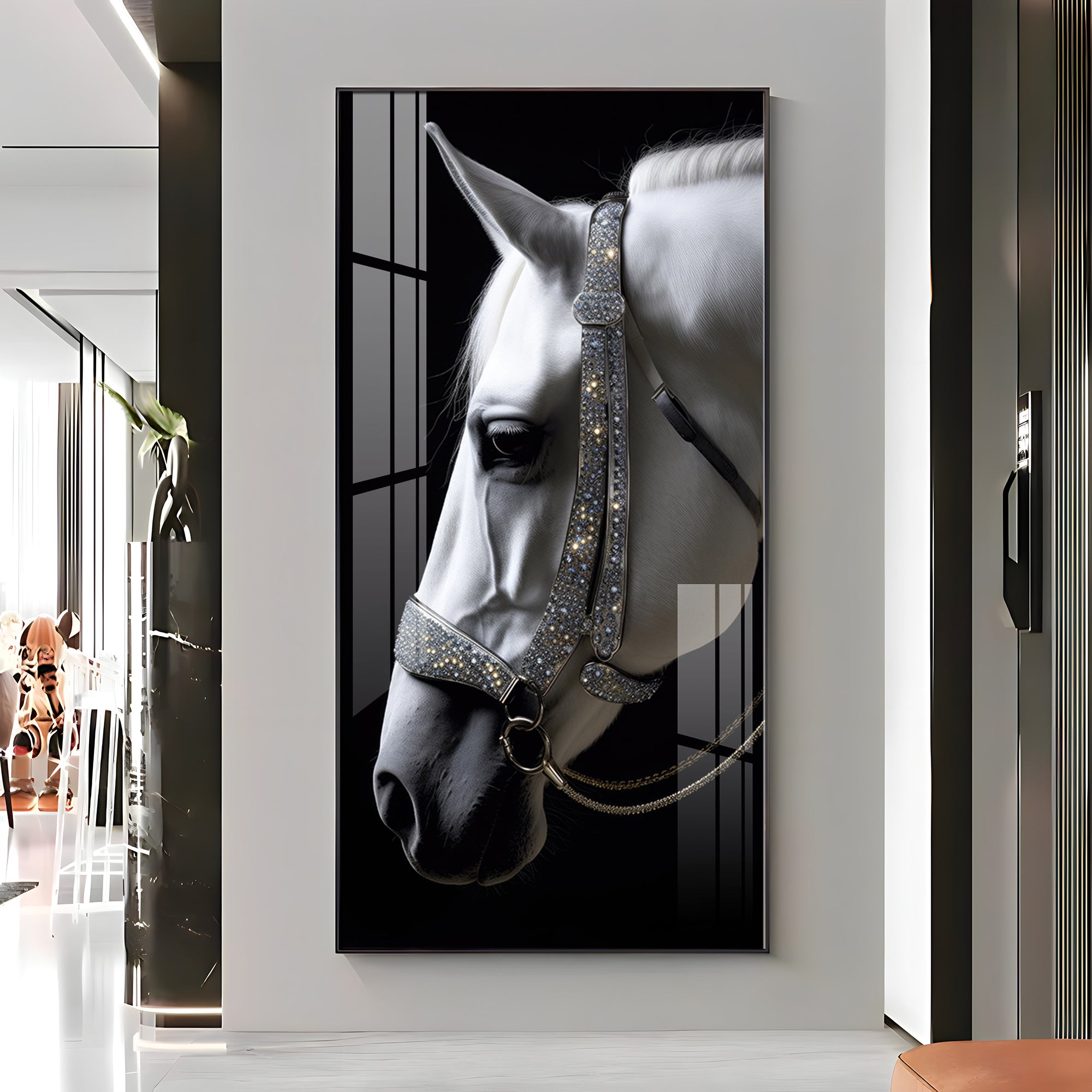 White Horse With Black Background Premium Acrylic Vertical Wall Art