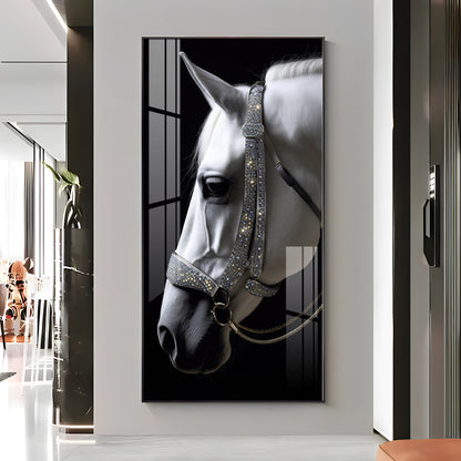 White Horse With Black Background Premium Acrylic Vertical Wall Art