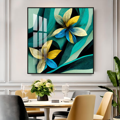 Teal and Yellow Abstract Flower Premium Acrylic Square Wall Art