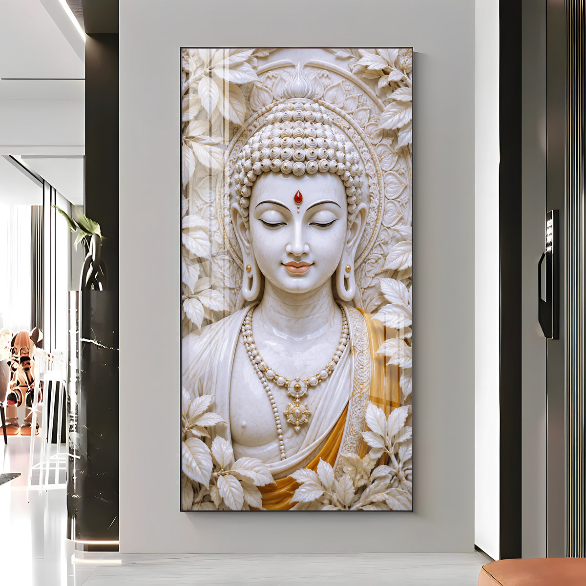 Meditating White Buddha Premium Acrylic Vertical Wall Art