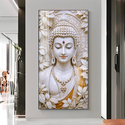 Meditating White Buddha Premium Acrylic Vertical Wall Art