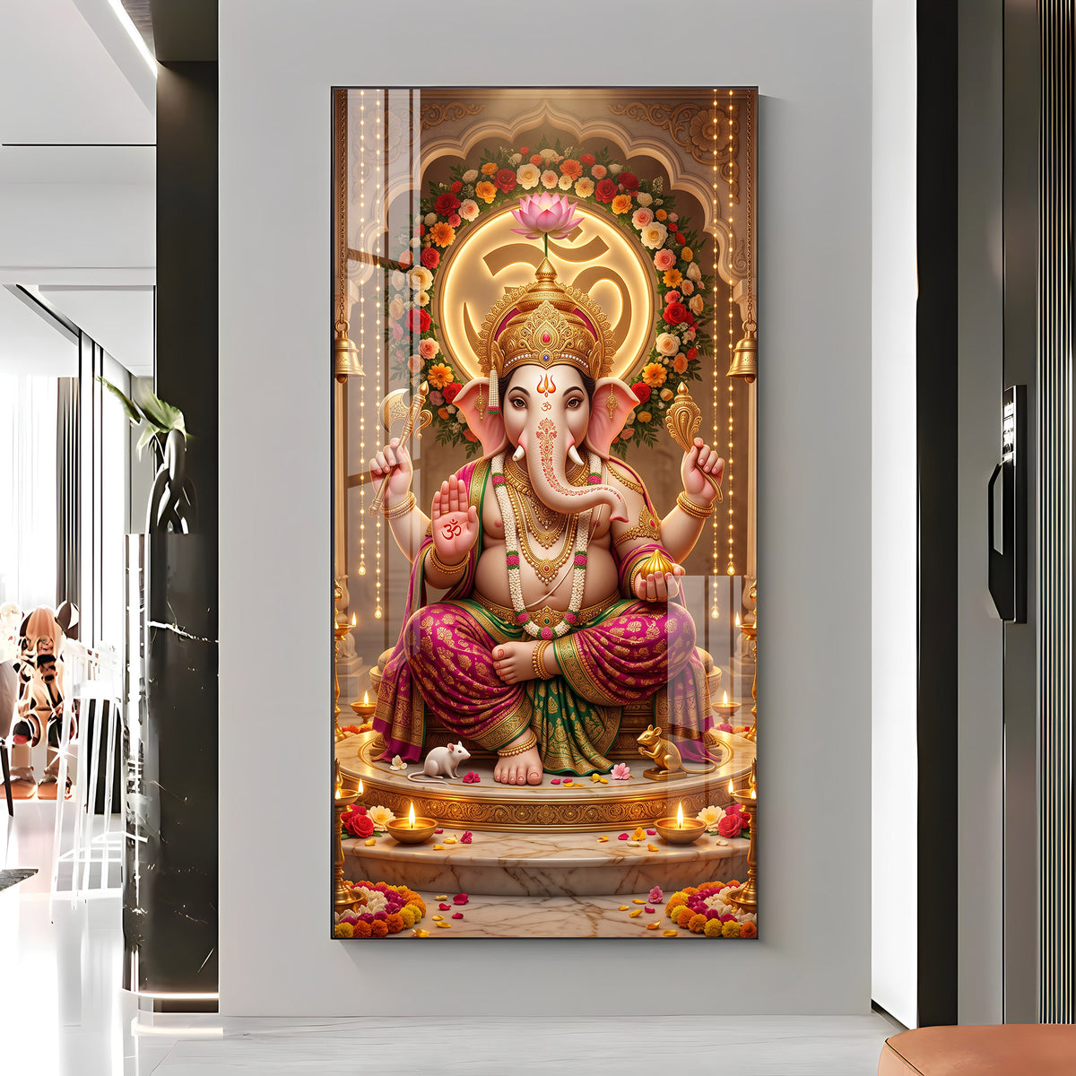 Ganapati Bappa Floral Om Premium Acrylic Vertical Wall Art