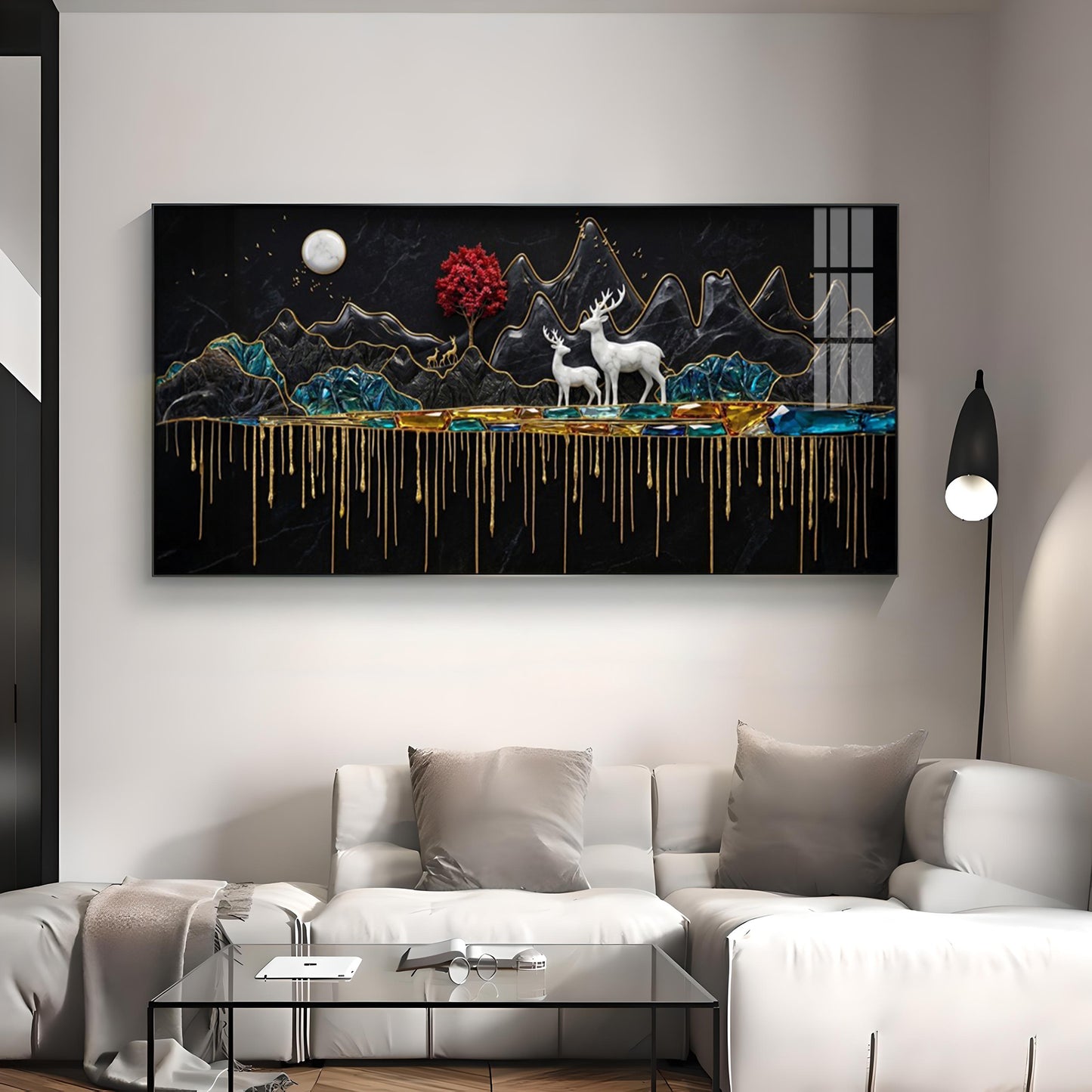 Nature's Gold With Deer in the Mountains Premium Acrylic Horizontal Wall Art