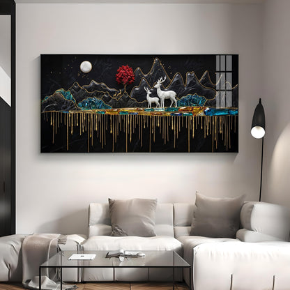 Nature's Gold With Deer in the Mountains Premium Acrylic Horizontal Wall Art