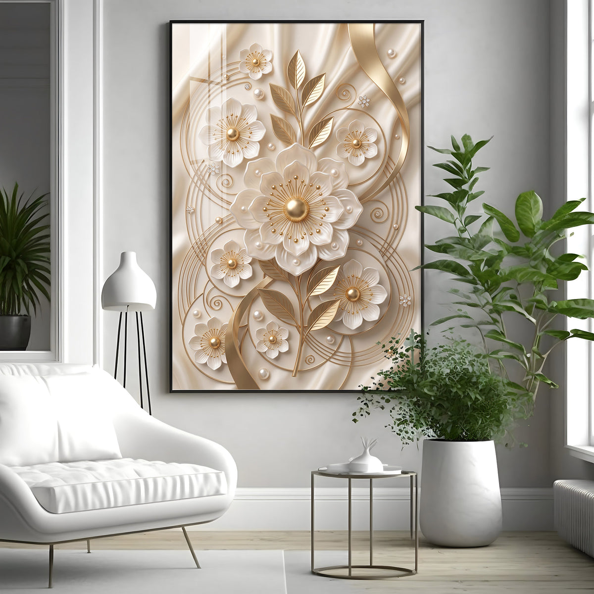 White & Gold Floral Carving Premium Acrylic Vertical Wall Art