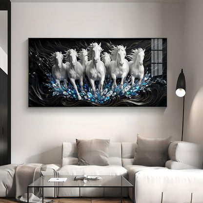 White Seven Running Horses Motivational Premium Acrylic Horizontal Wall Art