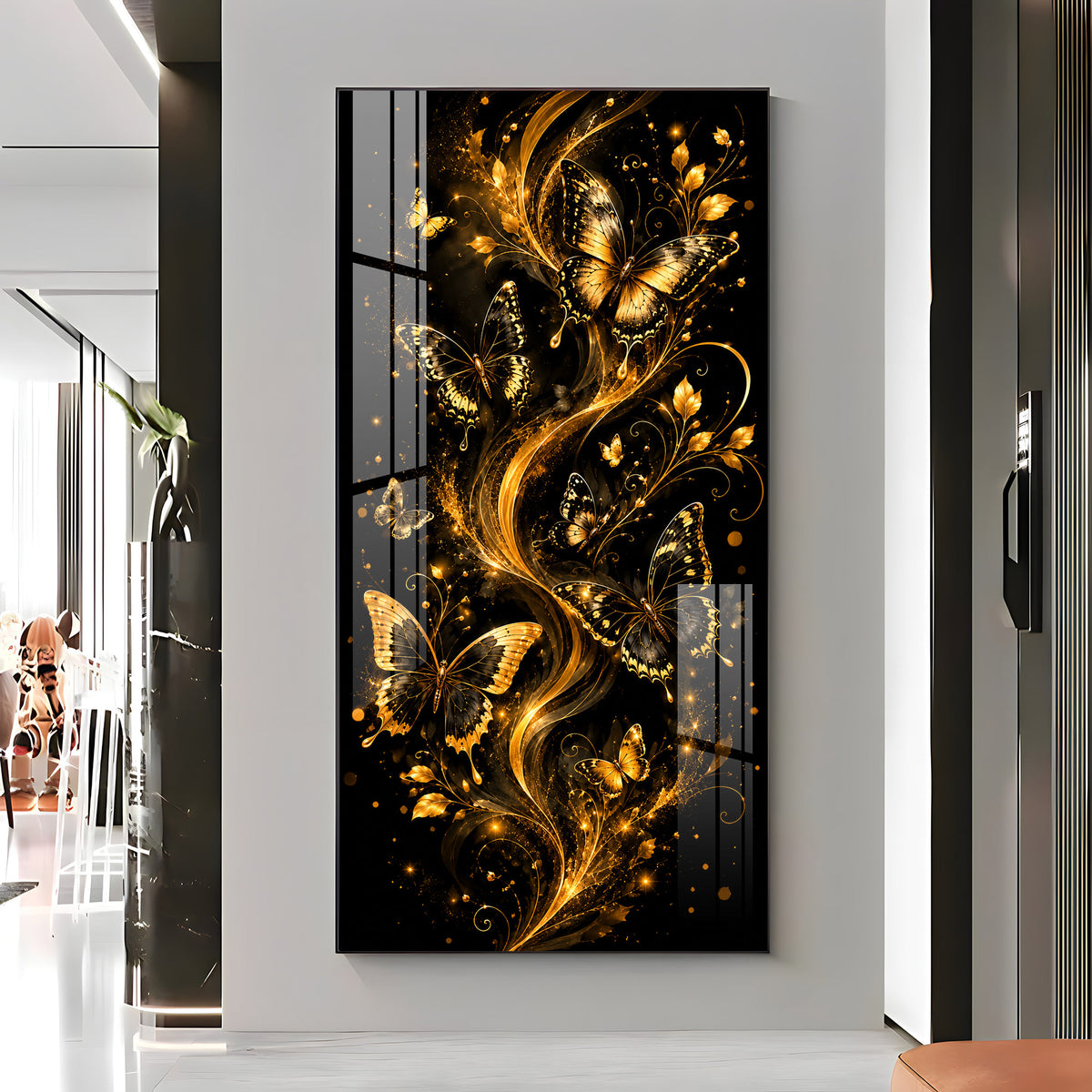 Graceful Golden Butterflies & Floral Swirls Premium Acrylic Vertical Wall Art