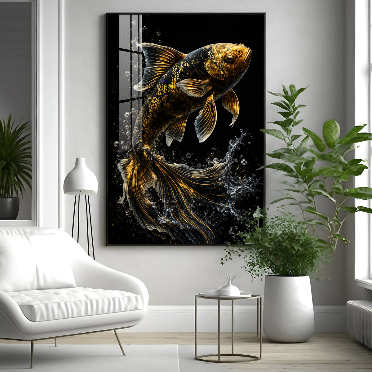 Golden Koi Splash Premium Acrylic Vertical Wall Art
