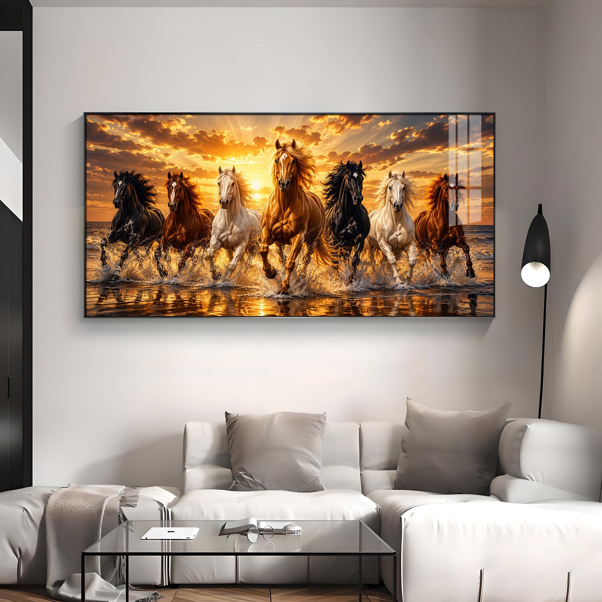 Majestic Seven Horses Golden Hour Premium Acrylic Horizontal Wall Art
