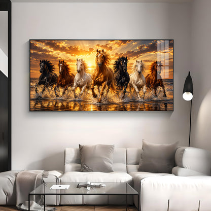 Majestic Seven Horses Golden Hour Premium Acrylic Horizontal Wall Art