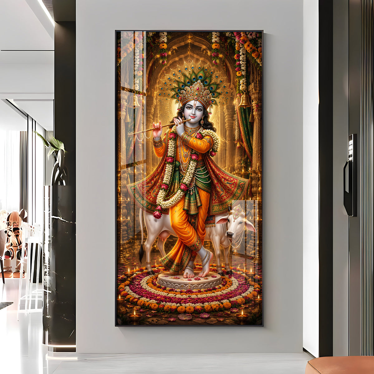 Divine Lord Krishna with Kamadhenu Cow Premium Acrylic Vertical Wall Art
