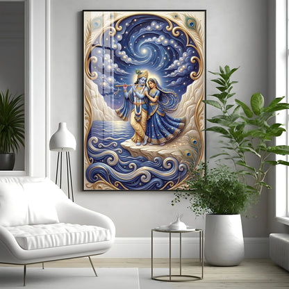 Radha Krishna Moonlit Dance Premium Acrylic Vertical Wall Art
