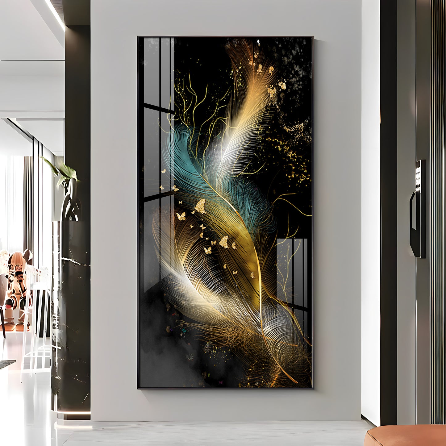 Abstract Golden & White Feathers Premium Acrylic Vertical Wall Art