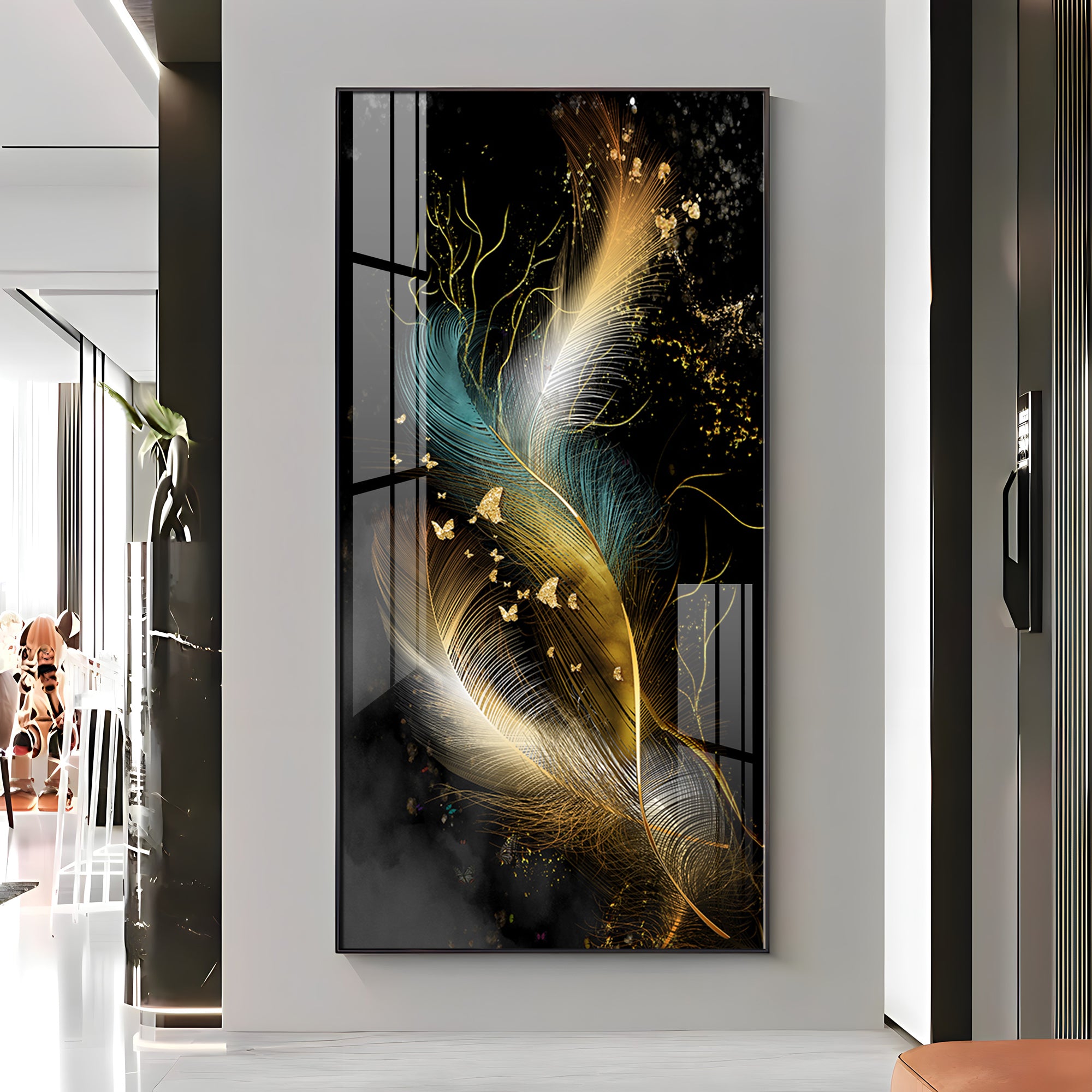 Abstract Golden & White Feathers Premium Acrylic Vertical Wall Art