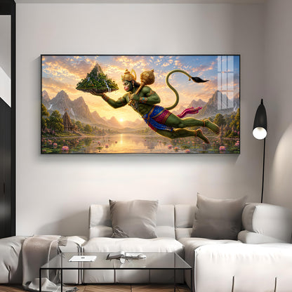 Lord Hanuman Carrying Sanjeevani Mountain Premium Acrylic Horizontal Wall Art