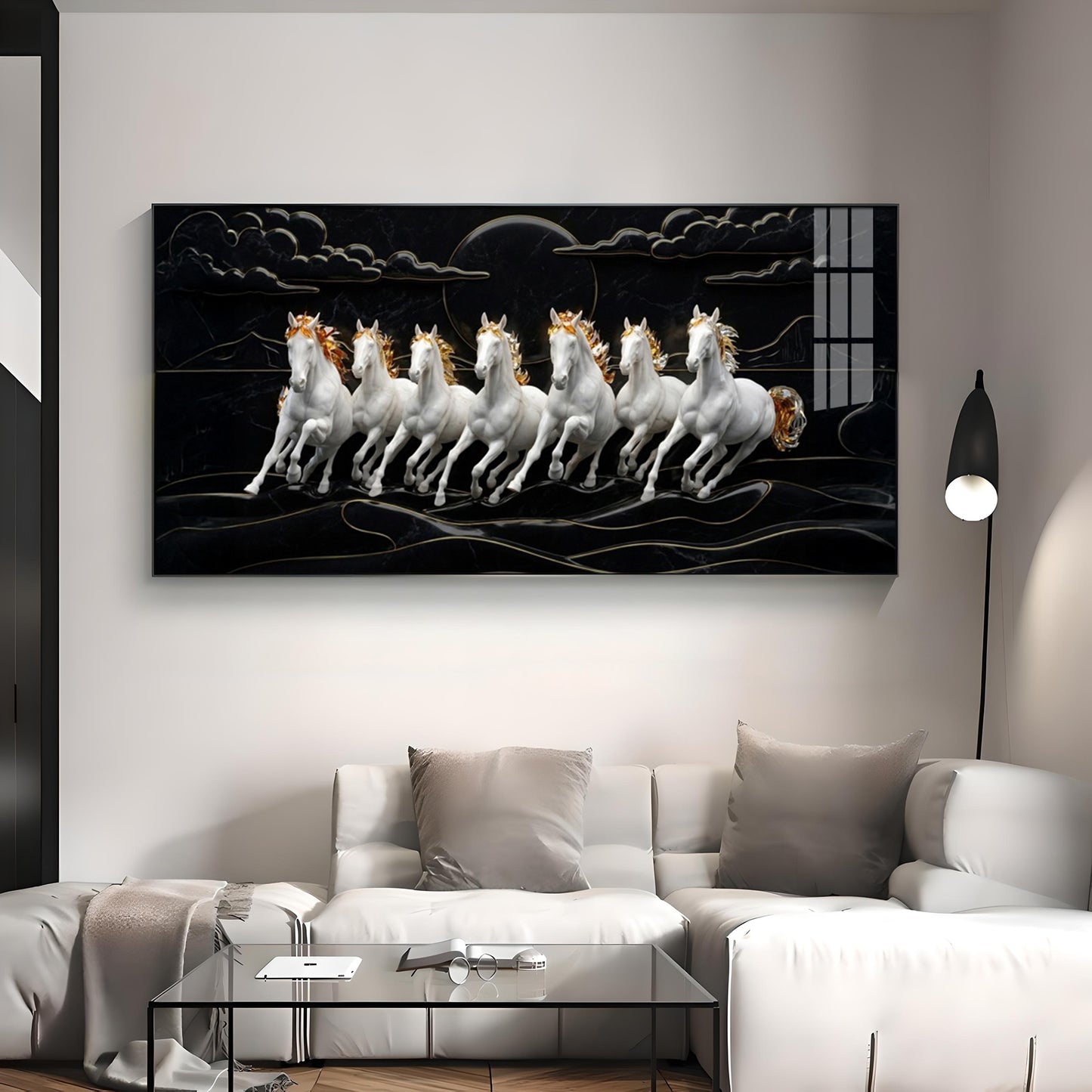 White Seven Horses in the Dark Premium Acrylic Horizontal Wall Art