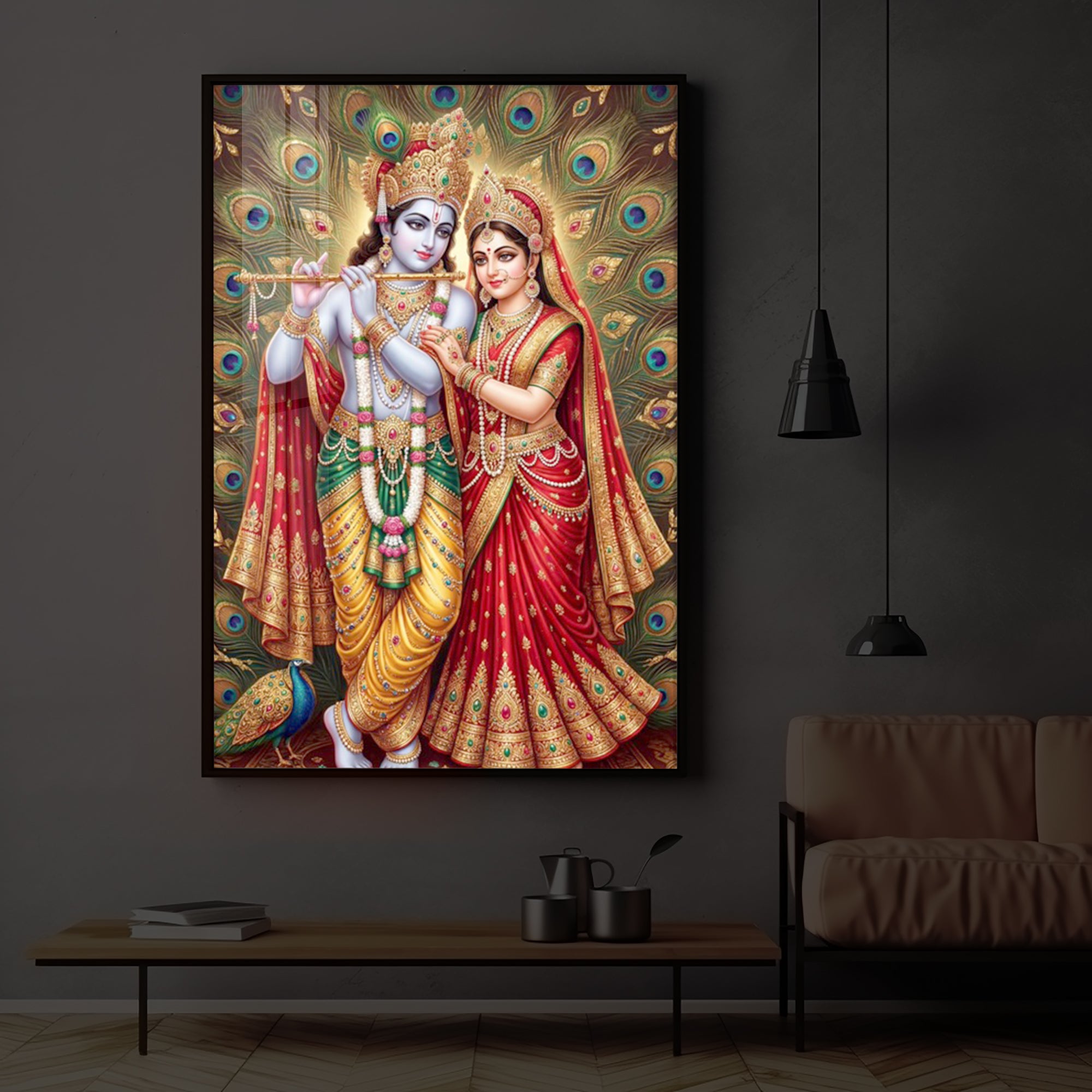 Radha Krishna Divine Bliss Modern Luxury Backlight Vertical Wall Art