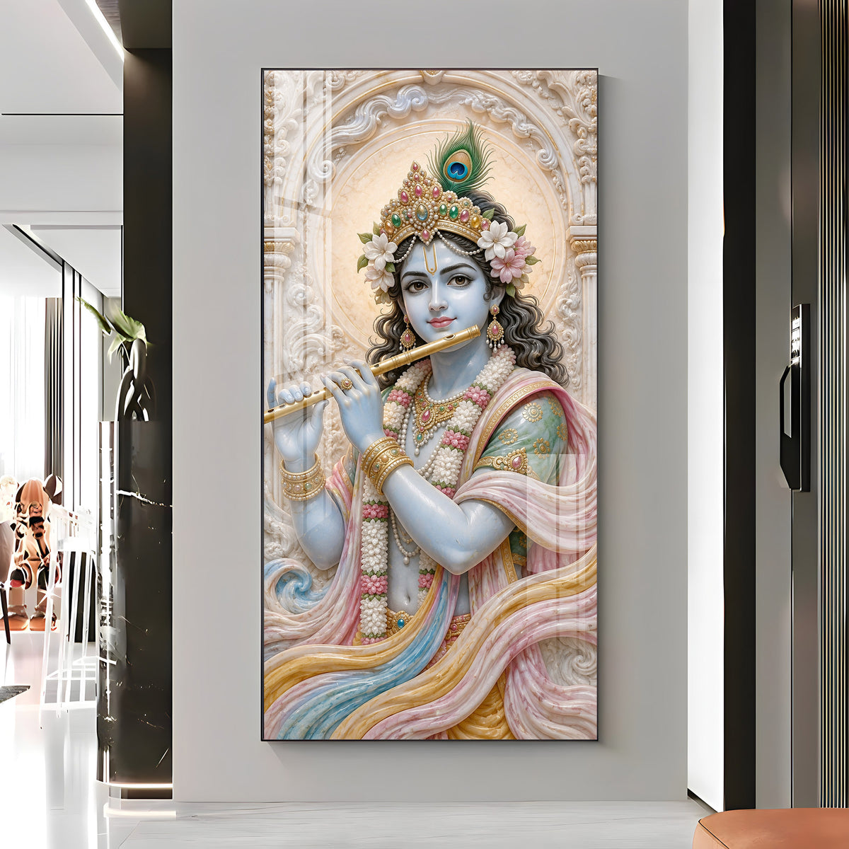 Divine Krishna With Bansuri Premium Acrylic Vertical Wall Art