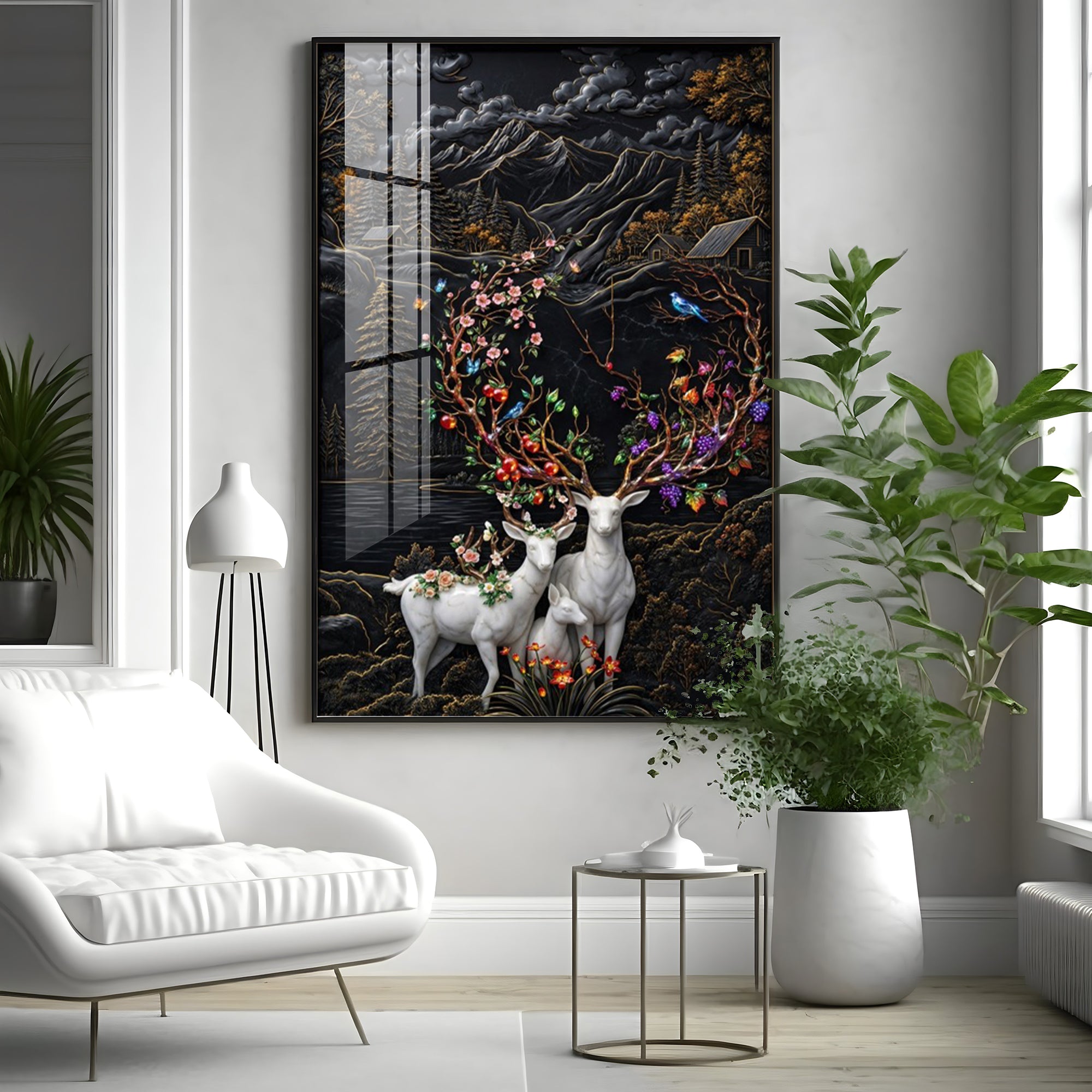 White Deer With Colorful Floral Premium Acrylic Vertical Wall Art
