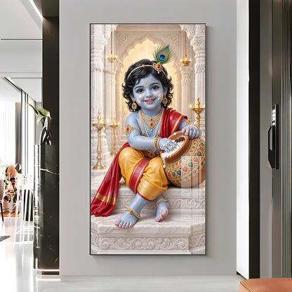 Little Krishna With Makhan Matki Premium Acrylic Vertical Wall Art