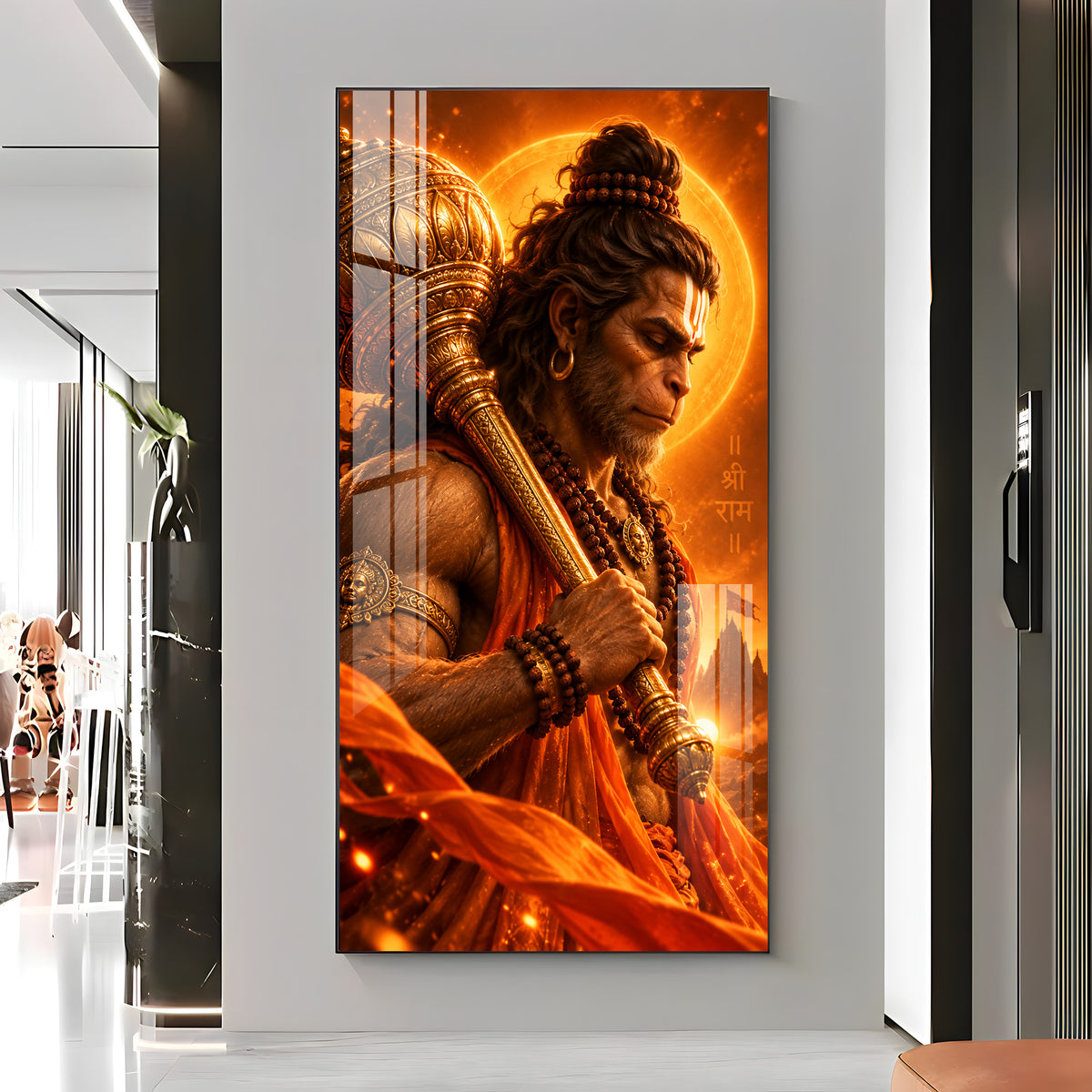 Hanuman With Golden Gada Premium Acrylic Vertical Wall Art