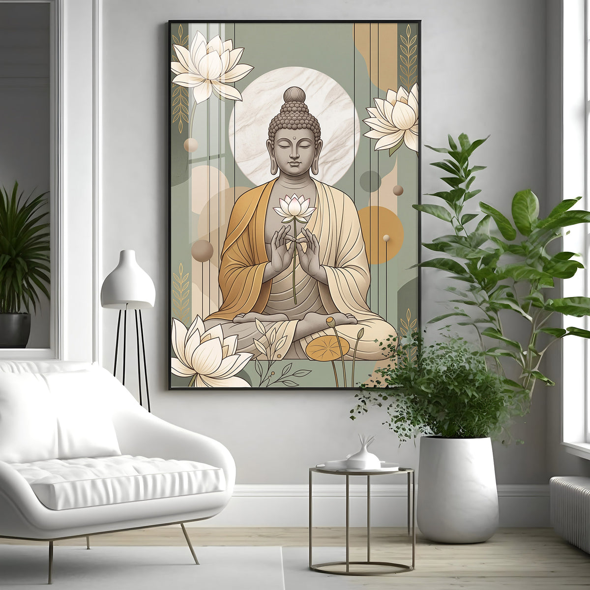Meditating Buddha & White Lotus Premium Acrylic Vertical Wall Art