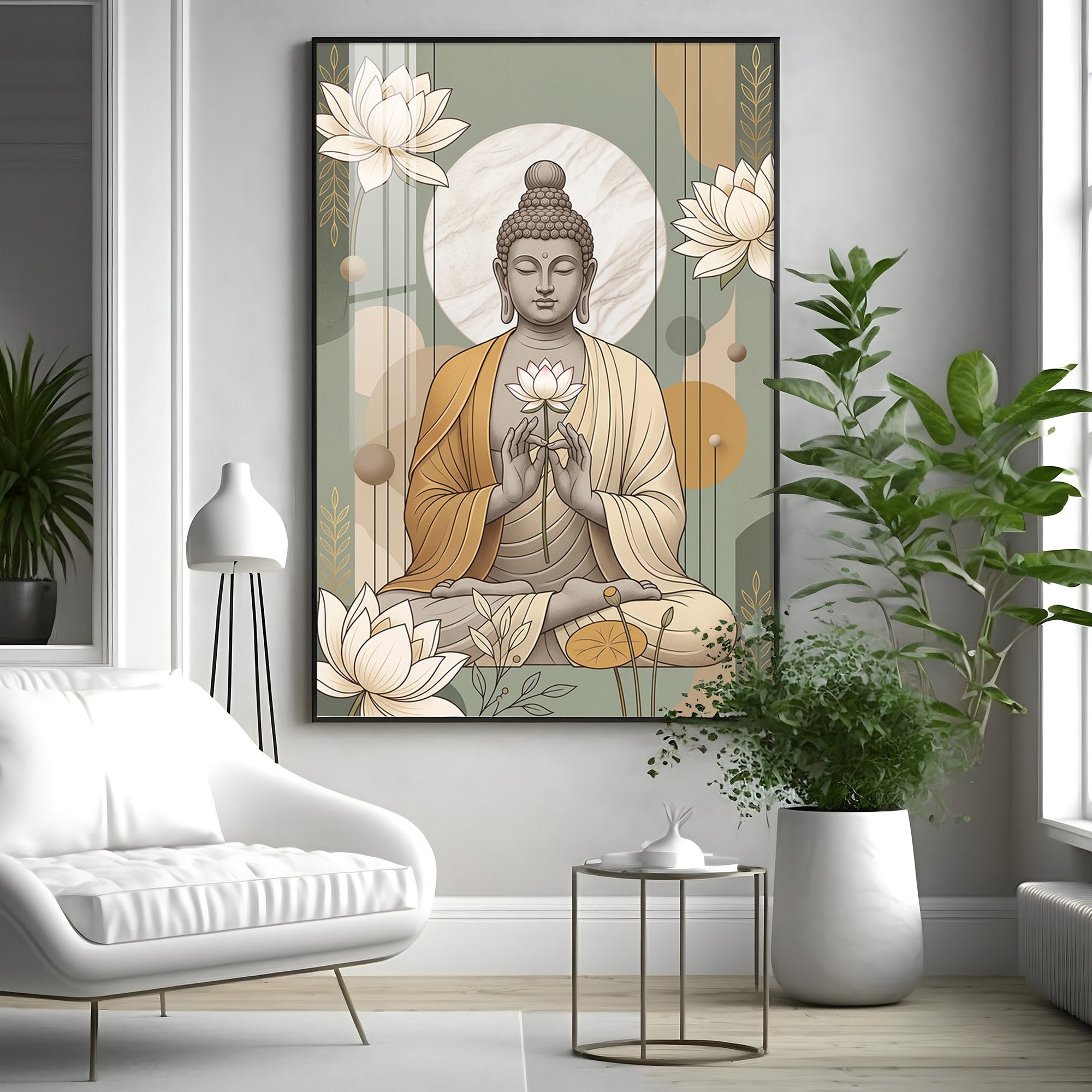 Meditating Buddha & White Lotus Premium Acrylic Vertical Wall Art