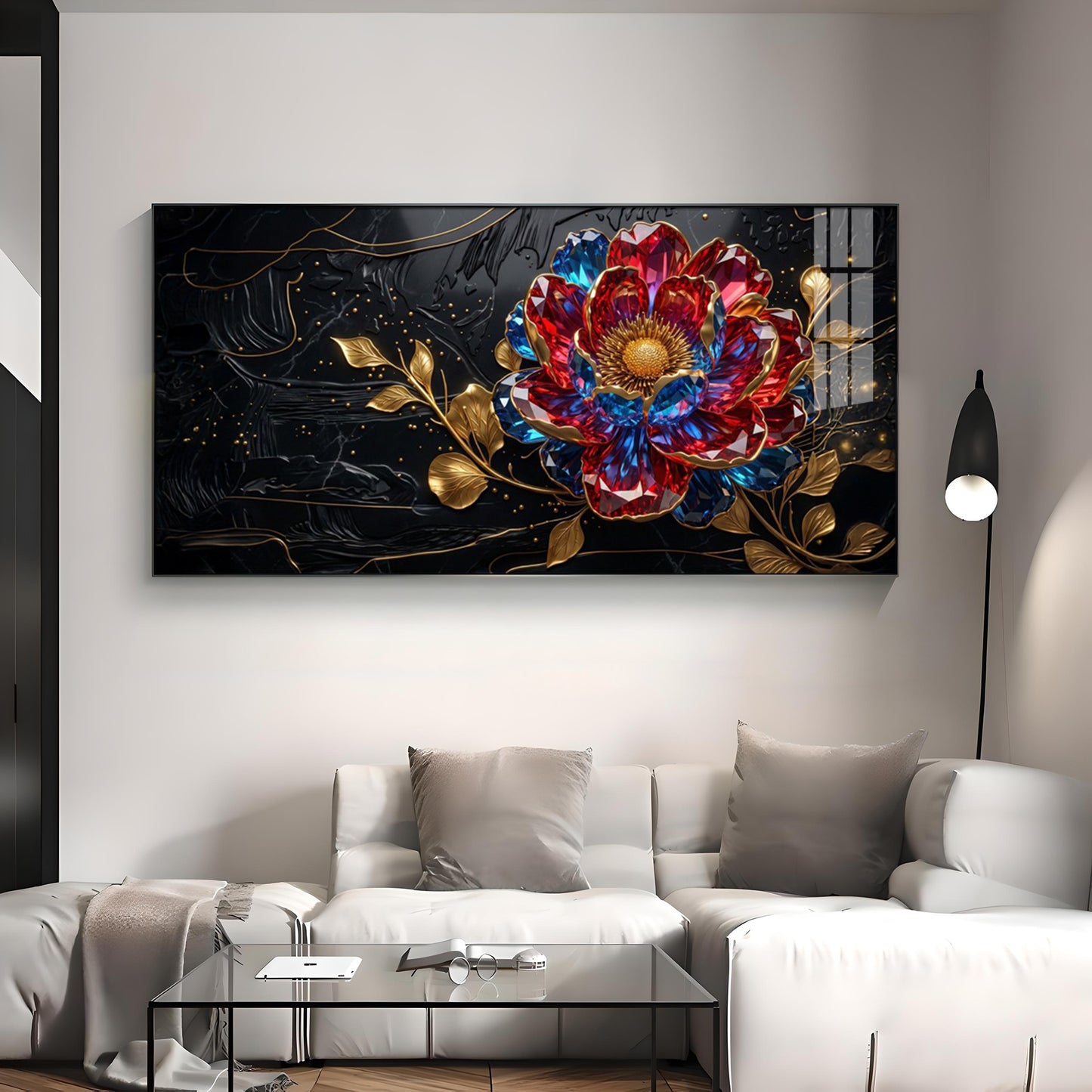Abstract Floral With Red & Blue Premium Acrylic Horizontal Wall Art