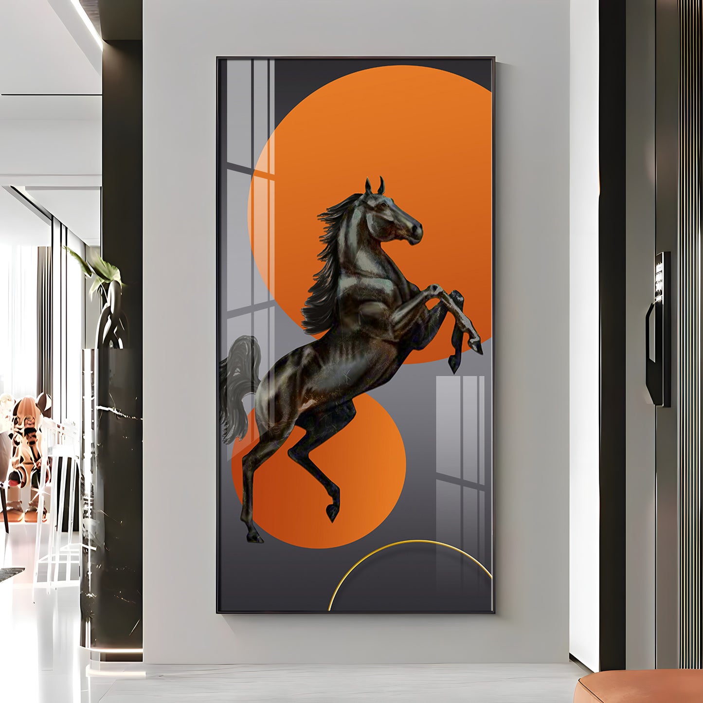 Black Horse With Vibrant Orange Background Premium Acrylic Vertical Wall Art