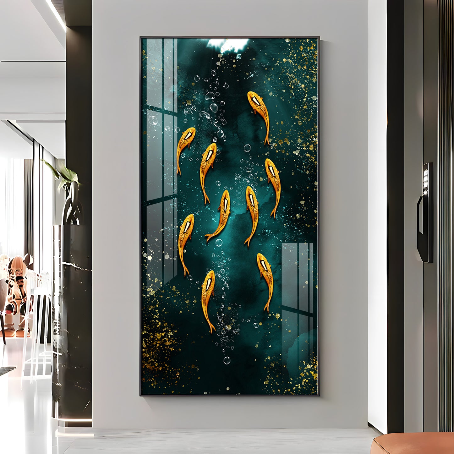 Golden Koi Fishes in Greenery Premium Acrylic Vertical Wall Art