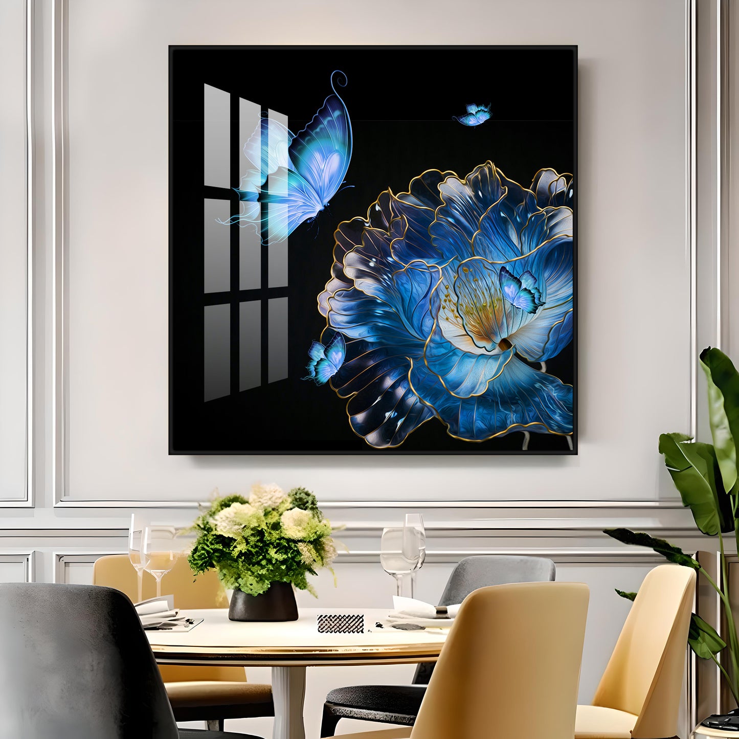 Blue Butterfly With Blue Flower Premium Acrylic Square Wall Art