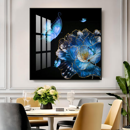 Blue Butterfly With Blue Flower Premium Acrylic Square Wall Art