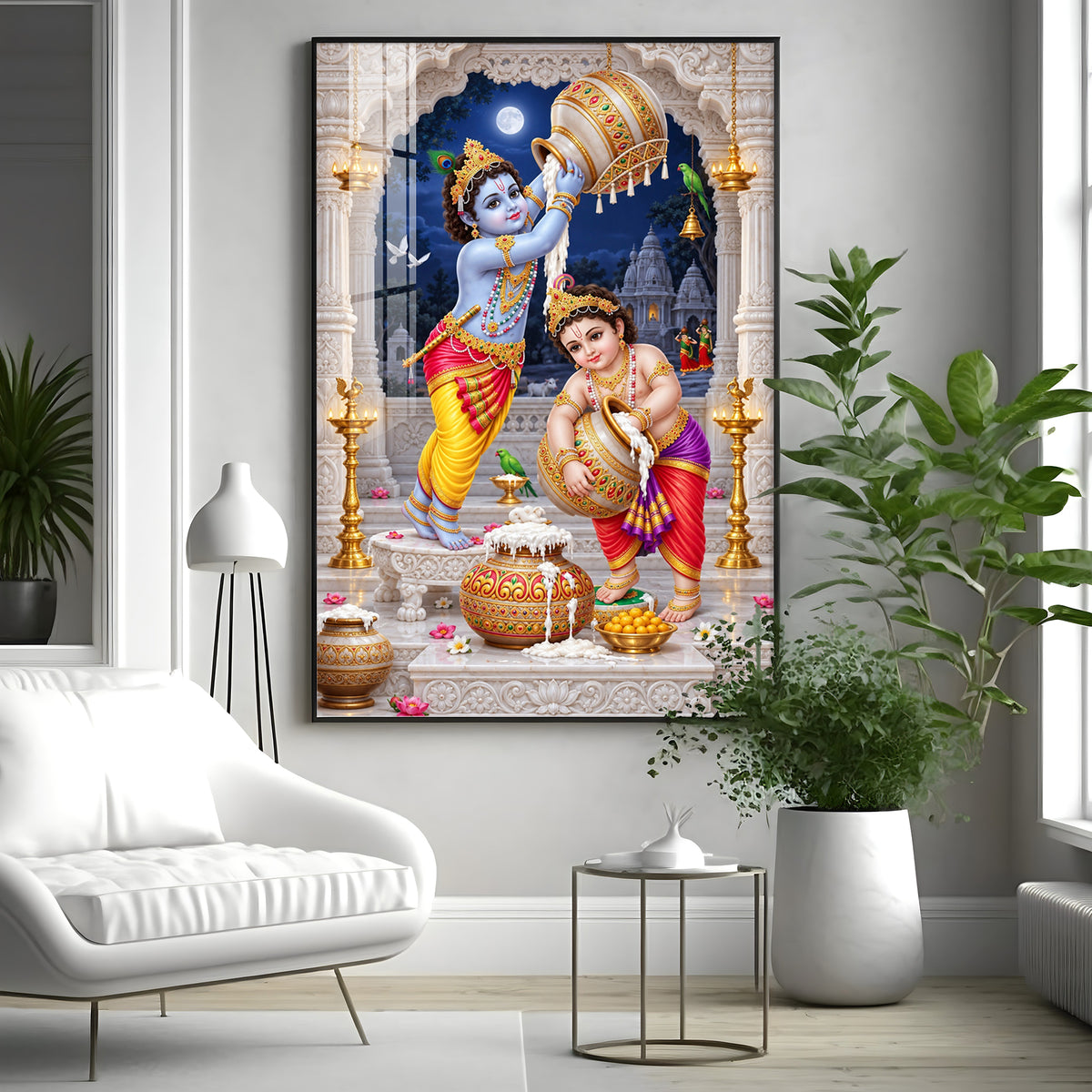 Little Krishna Balaram Makhan Chori Premium Acrylic Vertical Wall Art